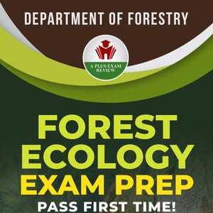 以下が含まれることがあります： 「森林生態学試験対策」の表紙。木の上でリスがいます。タイトルは大きな黄色と緑の文字で表示されています。「一発合格！」の文字も含まれています。森林局発行。