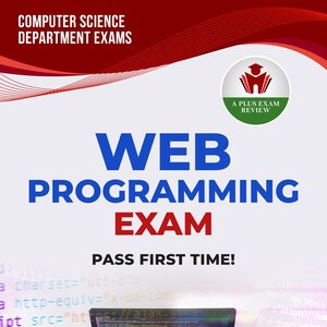 May include: A book cover for a web programming exam. The title "WEB PROGRAMMING EXAM" is in large blue letters, with "PASS FIRST TIME!" below. The image includes a laptop with code and the text "Isabella Clark, PhD".