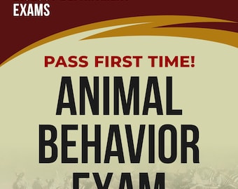 May include: Book cover for an "Animal Behavior Exam" with a wildlife scene background. The title is in large, bold black letters. The text "Pass First Time!" is in red. The author's name is Brian Phillips.