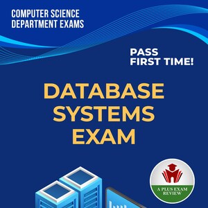 Könnte beinhalten: Blaues Grafikdesign für eine Datenbank-Systemprüfung. Das Bild enthält einen Laptop, Server-Racks und ein Datenbank-Symbol. Der Text enthält "Database Systems Exam" und "Pass First Time!"
