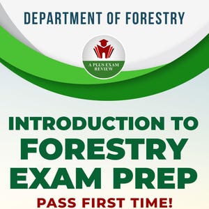 以下が含まれることがあります： 緑と白のテキストで「Introduction to Forestry Exam Prep」というタイトルの本カバー。画像には「Department of Forestry」と「Pass First Time!」というテキストが含まれており、山と木の風光明媚な背景があります。
