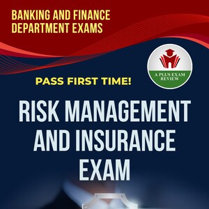 Könnte beinhalten: Werbebild für eine Risikomanagement- und Versicherungsprüfung. Das Bild zeigt den Text "Risk Management and Insurance Exam" und "Pass First Time!". Ein Schild mit einem Häkchen wird über einem Tablet angezeigt. Der Text "Banking and Finance Department Exams" ist ebenfalls enthalten.