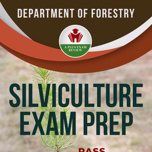 以下が含まれることがあります： 林業試験対策の書籍カバー。手袋をした手で苗木を持っています。タイトルは大きな緑色の文字で、テキスト「一発合格！」は赤色です。著者はEmma Roberts, PhDです。