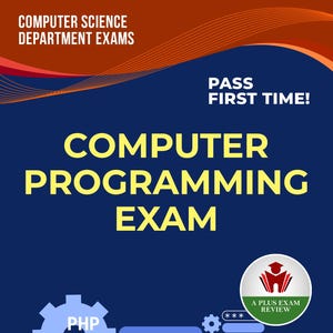 Könnte beinhalten: Ein marineblaues Buchcover mit dem Titel "COMPUTER PROGRAMMING EXAM" in Gelb. Das Cover enthält Symbole für PHP, CSS und JAVA, mit dem Text "PASS FIRST TIME!" und "A PLUS EXAM REVIEW".