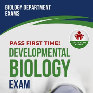 Puede incluir: Portada de libro con el título "Developmental Biology Exam" en verde. La imagen muestra una placa de Petri con tierra y una pequeña planta que se manipula con pinzas. El texto incluye "Pass First Time!" y "Biology Department Exams".