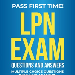 Peut inclure: Couverture de livre avec un fond dégradé bleu et du texte jaune qui dit "LPN EXAM QUESTIONS AND ANSWERS". Le texte "PASS FIRST TIME!" est en haut. Le nom de l'auteur, John Bill, PHD, est en bas.