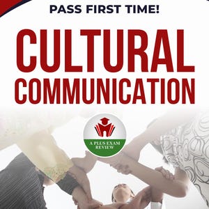 Op de afbeelding: Boekomslag met de titel "Cultural Communication" met de tekst "Department of Communication" en "Pass First Time!". De omslag toont een groep mensen met hun armen in elkaar, en de auteur is Christopher Barnes, PhD.