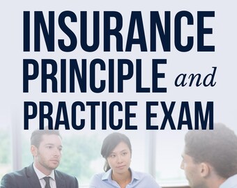 May include: Book cover for "Insurance Principle and Practice Exam" with text "Banking and Finance Department Exams" and "Pass First Time!". The cover features a photo of three people in business attire. Author: David Thompson, PhD.
