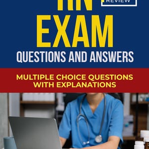 May include: A book cover with the text "PASS FIRST TIME! RN EXAM QUESTIONS AND ANSWERS" in yellow and white. A person in a blue scrub top is using a laptop. The book is by Virginia Bill, PhD.