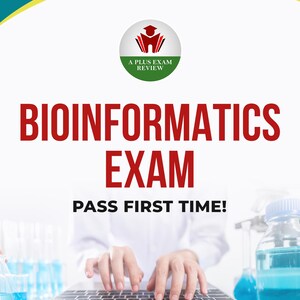 May include: A promotional image for a bioinformatics exam review. The text reads "BIOINFORMATICS EXAM PASS FIRST TIME!" with the author's name, Lucas Anderson, PhD, at the bottom. The image includes a person's hands typing on a laptop.
