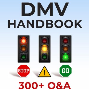May include: A North Dakota DMV Handbook cover with red and black text. The image features traffic lights, stop, yield, and go signs, and the text "300+ Q&A 2023 EDITION".