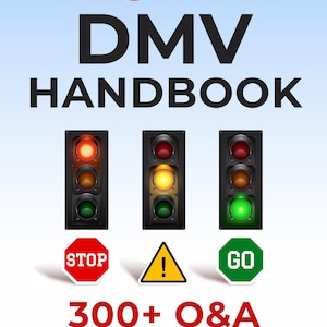 Pode incluir: A capa do Manual do DMV da Flórida apresenta o título em vermelho, com as palavras "300+ Q&A 2023 Edition" e semáforos. Os sinais de pare, atenção e siga são exibidos com seus respectivos sinais.