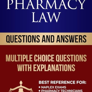 May include: A book cover with the title "FEDERAL PHARMACY LAW" in white letters on a dark blue background. Below, "QUESTIONS AND ANSWERS" and "MULTIPLE CHOICE QUESTIONS WITH EXPLANATIONS" are displayed. The book is a reference for NAPLEX exams and more.
