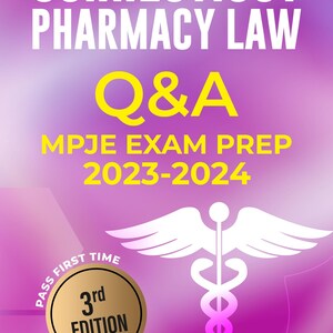 Puede incluir: Un fondo degradado rosa y morado con el texto "CONNECTICUT PHARMACY LAW Q&A MPJE EXAM PREP 2023-2024" en amarillo. Un círculo dorado con el texto "PASS FIRST TIME 3rd EDITION" se encuentra en la esquina inferior izquierda. Un símbolo de caduceo blanco se encuentra en el centro de la imagen. El texto "Smith Gibbs, PharmD" está en rojo en la parte inferior de la imagen.