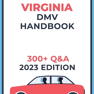May include: A book cover for the Virginia DMV Handbook, 2023 Edition. The cover features road signs, the Route 66 shield, and a red car illustration. Text includes "Virginia DMV Handbook" and "300+ Q&A".
