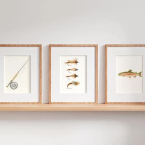 Set of 3 Fly Fishing Watercolor Prints – Fly Rod, Trout Flies, Rainbow Trout – Rustic Fly Fishing Wall Art – Angler Gift – Digital Download