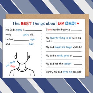 Father's Day Card From Kid, Fill in the Blanks, All About Dad, Kids' Activity Page, From Child, From Son, from Son, From Daughter, Best Dad