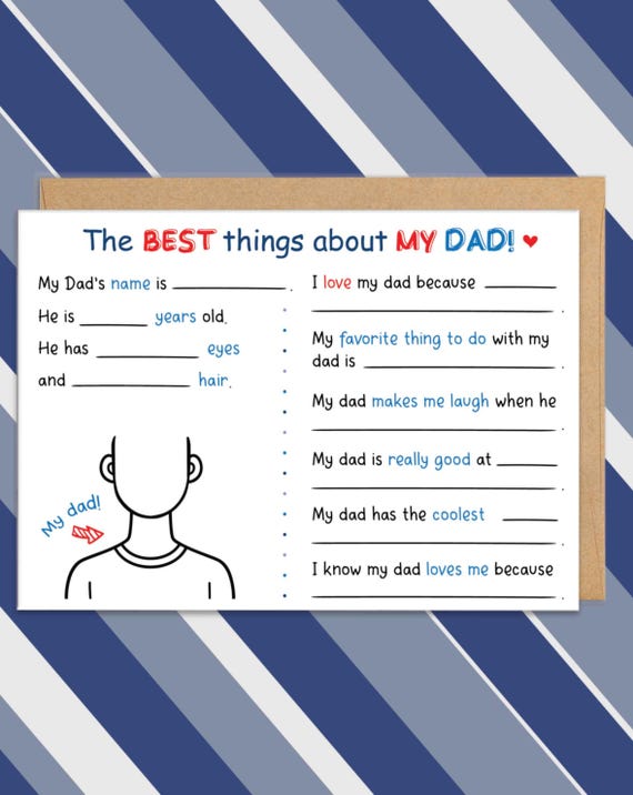 Father's Day Card From Kid, Fill in the Blanks, All About Dad, Kids' Activity Page, From Child, From Son, from Son, From Daughter, Best Dad