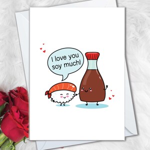 Carte Je t'aime beaucoup de soja pour mari, cartes d'anniversaire pour petite amie cartes d'anniversaire drôles pour femme, cartes de jeu de mots amateur de sushi pour petit ami