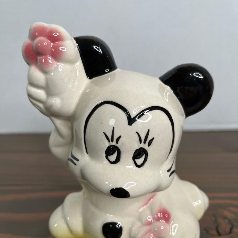 Vintage 50er Jahre Walt Disney Keramik Micky Maus Figur mit Blume 6,5 "USA Bild 6