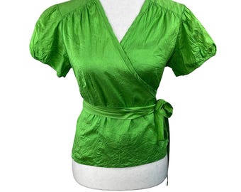 Vintage Y2K Calypso Christiane Celle Grüne Seide Wrap Bluse Puff Ärmel Medium