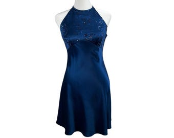 Vintage Zum Zum Blue Satin Pailletten Neckholder Mini Kleid JR 5/6 90er Jahre Bestickter Rücken