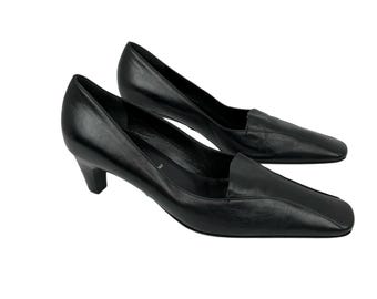 Vintage Escada Black Leather Low Heels EU 39 US 8.5 Clipped Square Toe Italy