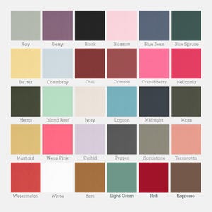 May include: A color palette featuring 28 solid color swatches, each labeled with a unique name. Colors range from light pastels like "Blossom" and "Chambray" to deeper hues such as "Midnight" and "Espresso". The swatches are arranged in a grid.