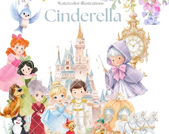 May include: Watercolor illustration featuring Cinderella and other characters from the classic fairy tale. The image includes Cinderella, the prince, the fairy godmother, a pumpkin carriage, and a castle. The text "Cinderella" is displayed in the center.