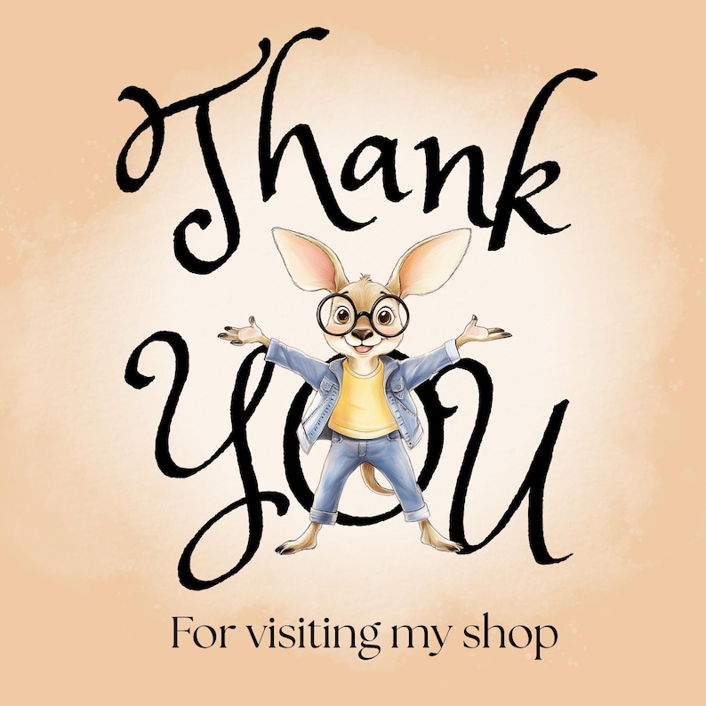 Może przedstawiać: Kresk&oacute;wkowy kangur w okularach i dżinsowej kurtce m&oacute;wi "Dziękuję" z rozłożonymi ramionami. Tekst "Za odwiedzenie mojego sklepu" znajduje się pod kangurem.