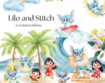 Grafika Lilo i Stich: Akwarelowe Hawajskie Grafiki (Pliki do Pobrania PNG) 300 DPI , 6400 px