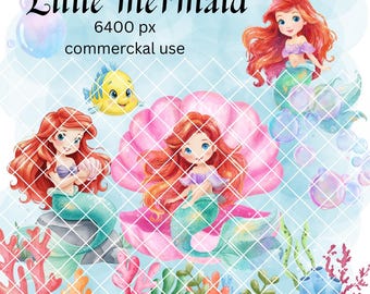 Little mermaid clipart ,Watercolor princess clipart, Ariel clipart, ocean theme clipart