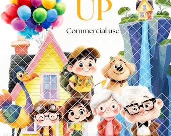 Grafika akwarelowa z filmu „Up”: balony, dom, postacie (pobieranie cyfrowe PNG)