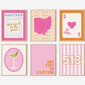Puede incluir: Un conjunto de seis impresiones de arte de pared imprimibles de color rosa y naranja con varios diseños, que incluyen un cheque de huésped, un mapa de Ohio, una carta de juego, una copa de martini, un gráfico de texto y un gráfico a rayas con el número 513.