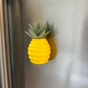 May include: A yellow pineapple-shaped magnet with a green and grey spiky top. The magnet is attached to a stainless steel surface. The pineapple has a ribbed texture.
