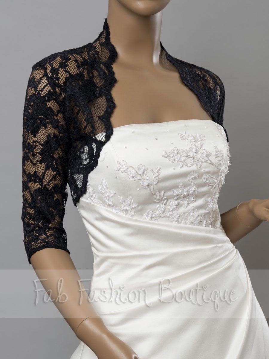 Black stretchy wedding bridal evening 3/4 sleeved lace bolero jacket shrug Size S-XL, 2XL-4XL Black stretchy wedding bridal evening 3/4 sleeved lace bolero jacket shrug Size S-XL, 2XL-4XL