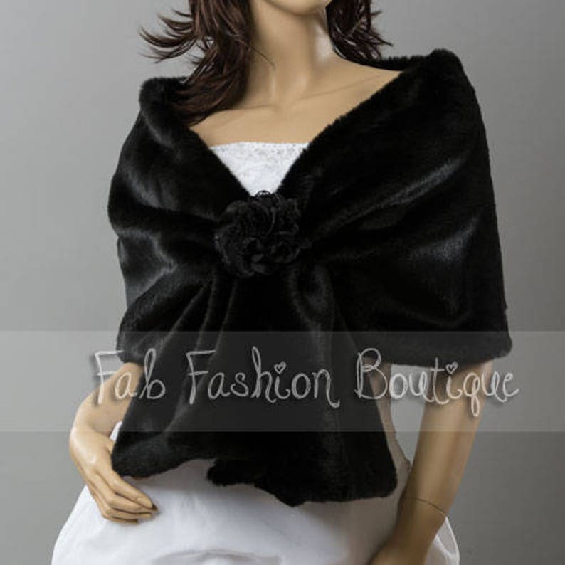 Black faux fur wedding bridal evening shawl shrug cape