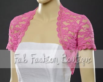 Fuchsia short sleeved lace bolero jacket shrug Size S-XL, 2XL-5XL