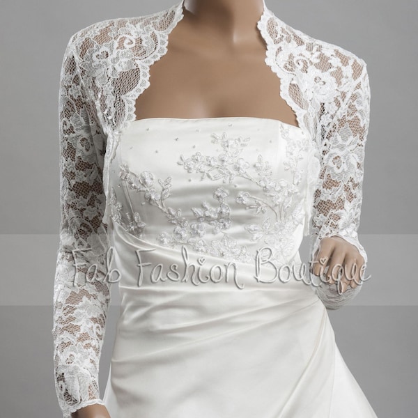 Light ivory stretchy lace wedding bridal long sleeved bolero jacket shrug Size S-XL, 2XL-4XL