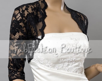 Black stretchy wedding bridal evening 3/4 sleeved lace bolero jacket shrug Size S-XL, 2XL-4XL