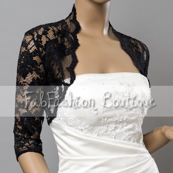 Black stretchy wedding bridal evening 3/4 sleeved lace bolero jacket shrug Size S-XL, 2XL-4XL