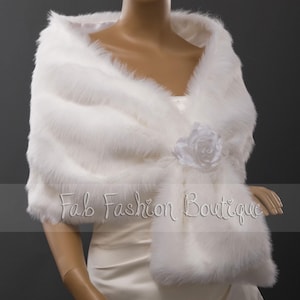 White/Ivory faux fur wedding bridal evening shawl shrug cape