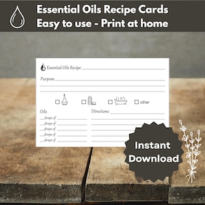 Può includere: Una scheda di ricetta bianca per oli essenziali con il testo "Essential Oils Recipe Cards Easy to use - Print at home." La scheda include sezioni per scopo, oli e istruzioni, con icone e la scritta "Instant Download."