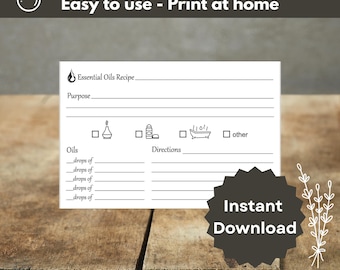 Schede di ricette per oli essenziali stampabili, schede di miscele per aromaterapia, modelli fai da te per miscele di oli, download istantaneo di schede di ricette per oli essenziali