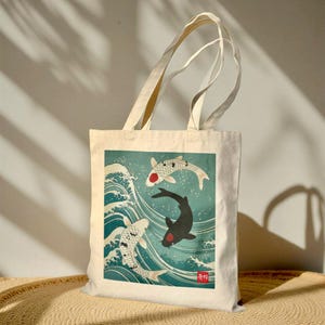 Japanese Koi Fish Cotton Canvas Tote Bag, Ukiyo-e Style Artwork, Swimming Fish Design, Asian Nature Print, Reusable Shopping Bag, Ocean