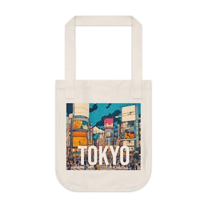 Canvas Tote Bag, Stylized Shibuya Crossing in Tokyo Artwork, Japanese Illustration, Urban Landscape Design, Turquoise Sky, Contemporary