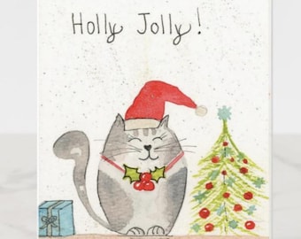 Handmade Watercolor Holly Jolly Christmas Cat Card (4"x6"), Blank Inside
