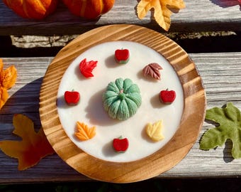 8oz Pumpkin And Leaves Soy Candle, Hand Poured Wood Dough Bowl Candle, Fall Harvest Scented Natural Wax, Rustic Farmhouse Decor, Gift