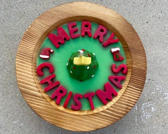 8oz Christmas Tree Soy Candle, Hand Poured Wood Dough Bowl Candle, Balsam Pine Scent, Natural Soy Wax, Rustic Holiday Decor, Christmas Gift