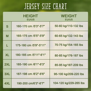 Pode incluir: Uma tabela de tamanhos de camisola verde-clara com o t&iacute;tulo JERSEY SIZE CHART. A tabela lista tamanhos de S a 4XL, fornecendo intervalos de altura em cm e p&eacute;s/polegadas, e intervalos de peso em kg e libras para cada tamanho em linhas.